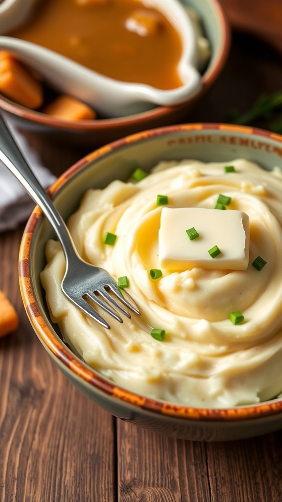 A bowl of creamy mashed potatoes with butter and chives on a rustic table.